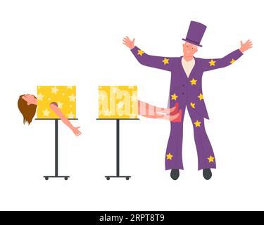 Cutting woman in half circus trick. Magician show performance, amusement park cartoon vector illustration Stock Vector