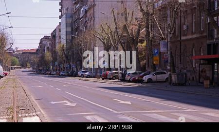 200413 -- BELGRADE, April 13, 2020 -- An empty street is seen in downtown Belgrade, Serbia on April 12, 2020. A curfew was launched in Belgrade for the weekend due to the COVID-19 outbreak. Photo by /Xinhua SERBIA-BELGRADE-COVID19-CURFEW NemanjaxCabric PUBLICATIONxNOTxINxCHN Stock Photo