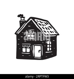 Quirky rural cabin holiday home vector illustration. Block print real estate graphic for scandi winter scene doodle, whimsy minimal stylized domestic Stock Vector