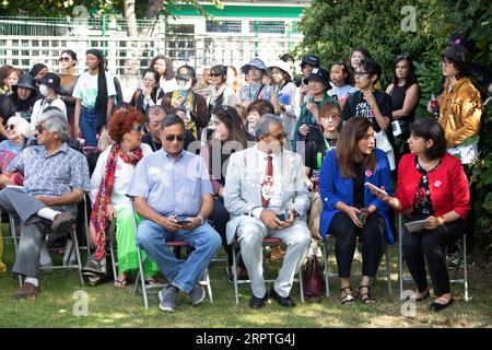 Feltham London, UK. 5th Sep, 2023. On what would have been Freddie's 76th birthday a commemorative sakura cherry tree was planted on Feltham Green. The tree and plaque were unveiled by Freddie's sister Kashmira Bulsara and the Mayor of Hounslow, Raghwinder Siddhu. Credit: Julia Gavin/Alamy Live News Stock Photo