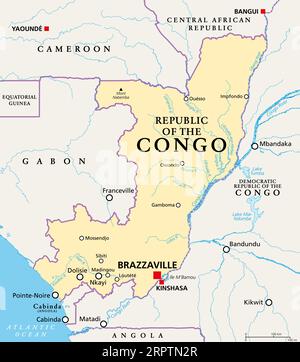 Republic of the Congo, political map. Also known as the Congo, is a country located on the western coast of Central Africa, to the west of Congo River. Stock Photo