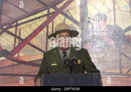 National Park Service historian Darrell Collins speaking at events marking the centennial of the first powered flight, Wright Brothers National Memorial, Kill Devil Hills, North Carolina Stock Photo