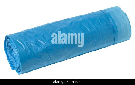 Blue plastic trash bags with strings on white background, close up Stock Photo