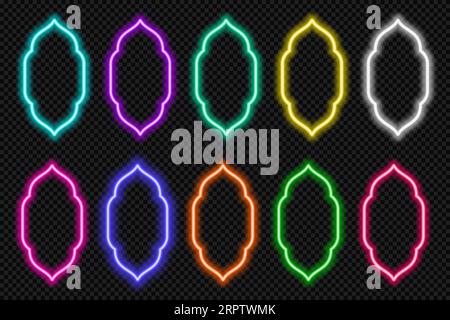 Neon shape Islamic door and window silhouette Glowing arabic arch. Collection of light portal in oriental style. Frames in Arabic Muslim design for Stock Vector