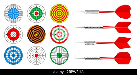 Paper targets with dart arrows. Shooting range round target, divisions, marks and numbers. Gun shooting practise and training, sport competition Stock Vector