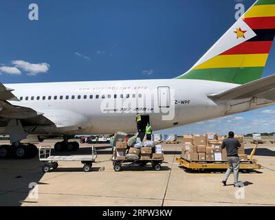 200421 -- HARARE, April 21, 2020 Xinhua -- A charter flight unloads medical supplies and equipment after landing at Robert Gabriel Mugabe International Airport in Harare, Zimbabwe, April 20, 2020. Zimbabwe on Monday took delivery of a huge consignment of medical supplies and equipment sourced from China for use in the ongoing fight against the coronavirus pandemic. Photo by Zhou Xuegong/Xinhua ZIMBABWE-HARARE-MEDICAL SUPPLIES PUBLICATIONxNOTxINxCHN Stock Photo