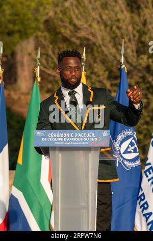 Siya Kolisi, captain of the South African rugby team speaks at the ceremony. The official ceremony to welcome the South African National Rugby Team to the 2023 Rugby World Cup took place in Toulon, south of France, the city base camp of the team during the elimination group phase. Stock Photo