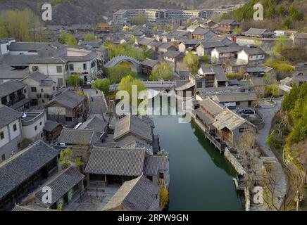 200423 -- BEIJING, April 23, 2020 -- Aerial photo taken on April 23, 2020 shows a view of the Gubei Water Town in Beijing, capital of China.  CHINA-BEIJING-GUBEI WATER TOWN-SCENERY CN ZhangxChenlin PUBLICATIONxNOTxINxCHN Stock Photo