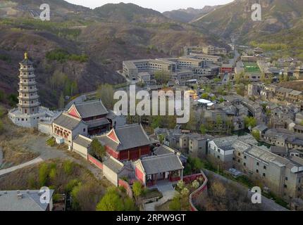 200423 -- BEIJING, April 23, 2020 -- Aerial photo taken on April 23, 2020 shows a view of the Gubei Water Town in Beijing, capital of China.  CHINA-BEIJING-GUBEI WATER TOWN-SCENERY CN ZhangxChenlin PUBLICATIONxNOTxINxCHN Stock Photo