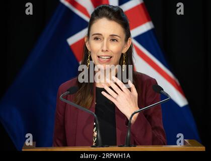 200427 -- WELLINGTON, April 27, 2020 Xinhua -- New Zealand s Prime Minister Jacinda Ardern speaks at a press conference on April 27, 2020, the final day of Alert Level 4, in Wellington, New Zealand. New Zealand will move from COVID-19 Alert Level 4 to Alert Level 3 at 11:59 p.m. local time on Monday, relaxing on some businesses. The country will stay in Alert Level 3 for two weeks before a further review and Alert Level decision on May 11. Mark Mitchell/NZME/Pool via Xinhua Wellington *** 200427 WELLINGTON, April 27, 2020 Xinhua New Zealand s Prime Minister Jacinda Ardern speaks at a press con Stock Photo