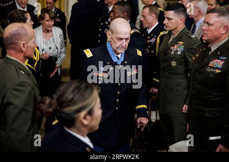Washington, United States. 05th Sep, 2023. U.S. Army Captain Larry Taylor leaves the East Room after being presented with the Medal of Honor by President Joe Biden during a ceremony at the White House in Washington, DC on Tuesday, September 5, 2023. Captain Taylor is being awarded the Medal of Honor for actions he took in 1968 while serving as a team leader of a helicopter light-fire team that directly resulted in the rescue of a 4-man reconnaissance patrol that became surrounded by overwhelming enemy forces. Photo by Samuel Corum/UPI Credit: UPI/Alamy Live News Stock Photo
