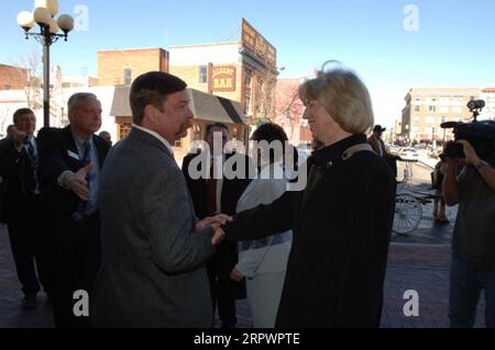 Secretary Gale Norton, right foreground, greeting other dignitaries during visit to Cheyenne, Wyoming for tours and ceremonies marking the designation of the Union Pacific Railroad Depot as a National Historic Landmark Stock Photo