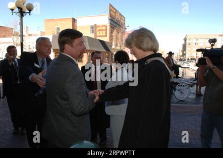 Secretary Gale Norton, right foreground, greeting other dignitaries during visit to Cheyenne, Wyoming for tours and ceremonies marking the designation of the Union Pacific Railroad Depot as a National Historic Landmark Stock Photo