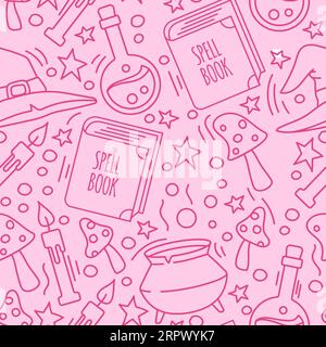 Seamless pink Halloween pattern. Spell book, potion, mushrooms, cauldron. witchcraft. Vector illustration in doodle hand drawn style. Stock Vector