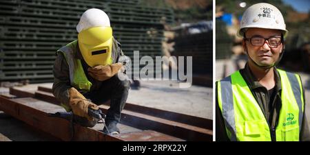 200503 -- ZUNYI, May 3, 2020 -- Combo photo taken on May 3, 2020 shows electric welder Peng Yingping welding steel plate left and posing for a photo at the construction site of the Renhuai-Zunyi expressway in Zunyi, southwest China s Guizhou Province. Peng, 31, from Kunming of Yunnan Province, has been working as an electric welder for more than 5 years. Many young workers have stuck to their positions during Labor Day holiday.  CHINA-GUIZHOU-ZUNYI-EXPRESSWAY-CONSTRUCTION-YOUTH DAY CN LiuxXu PUBLICATIONxNOTxINxCHN Stock Photo