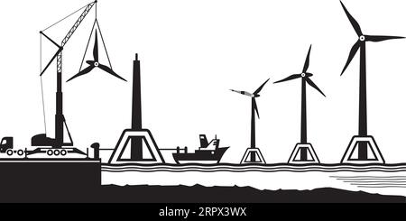 Offshore floating wind farm construction – vector illustration Stock Vector