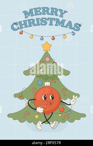 Groovy greeting card character happy new year, merry Christmas. Hippie Christmas tree vector illustration Stock Vector