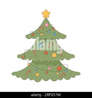 Groovy Christmas tree with candy canes and balloons toys and star vector illustration Stock Vector