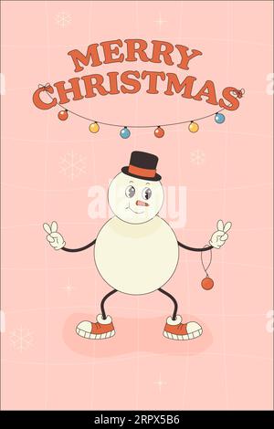 Groovy greeting card character happy new year, merry Christmas. Hippie Christmas tree vector illustration Stock Vector