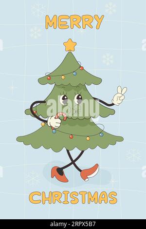 Groovy greeting card character happy new year, merry Christmas. Hippie Christmas tree vector illustration Stock Vector