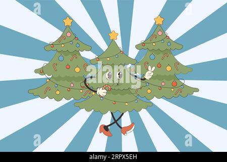 groovy xmas tree hippie, character pacing. New Years  Vector illustration Stock Vector