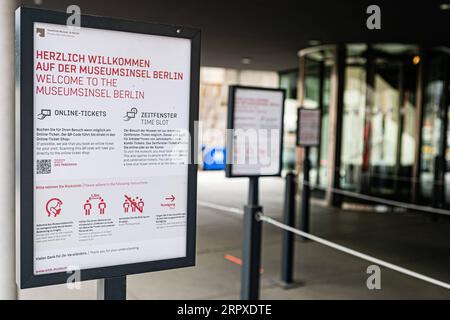 200519 -- BERLIN, May 19, 2020 Xinhua -- Visiting and hygiene information are seen at an entrance of the Pergamon Museum in Berlin, capital of Germany, May 18, 2020, which marks the International Museum Day. According to the agreement of Germany s federal and state governments on April 30, museums and galleries in Germany are accessible again but hygiene and distance rules must continue to be observed. Photo by Binh Truong/Xinhua GERMANY-BERLIN-COVID-19-MUSEUMS PUBLICATIONxNOTxINxCHN Stock Photo