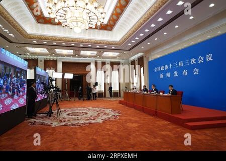 200520 -- BEIJING, May 20, 2020 -- The National Committee of the Chinese People s Political Consultative Conference CPPCC holds a press conference through video link ahead of the top political advisory body s annual session in Beijing, capital of China, May 20, 2020. Guo Weimin, spokesperson for the third session of the 13th National Committee of the CPPCC, briefed media on the session and took questions through video link due to epidemic response.  TWO SESSIONSCHINA-BEIJING-CPPCC-PRESS CONFERENCE CN XingxGuangli PUBLICATIONxNOTxINxCHN Stock Photo