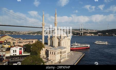 A drone shot of the Grand Mecidiye Mosque, Ortaköy, Istanbul, with the skyline of the city and Bosphorus in the background Stock Photo