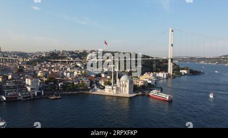 A drone shot of the Grand Mecidiye Mosque, Ortaköy, Istanbul, with the skyline of the city and Bosphorus in the background Stock Photo