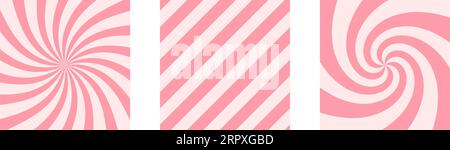 Candy color background set. Abstract pink sunbeams, sunburst and stripes design wallpaper collection. Colorful diagonal or spinning lines for banner, poster, flyer. Sweet cartoon backdrop pack. Vector Stock Vector