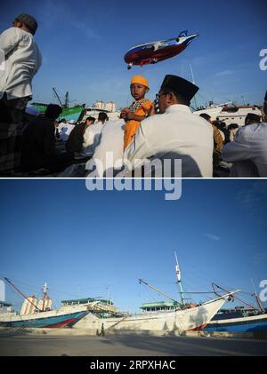 200524 -- JAKARTA, May 24, 2020 -- The combo photo shows people attending Eid al-Fitr prayers at Sunda Kelapa Port on June 5, 2019 top and the empty view of Sunda Kelapa Port on May 24, 2020 bottom during Eid al-Fitr festival in Jakarta, Indonesia.  INDONESIA-JAKARTA-EID AL-FITR-COVID-19 AgungxKuncahyaxB. PUBLICATIONxNOTxINxCHN Stock Photo