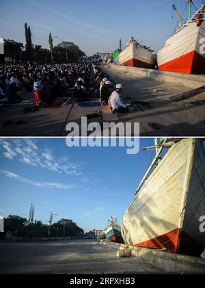 200524 -- JAKARTA, May 24, 2020 -- The combo photo shows people attending Eid al-Fitr prayers at Sunda Kelapa Port on June 5, 2019 top and the empty view of Sunda Kelapa Port on May 24, 2020 bottom during Eid al-Fitr festival in Jakarta, Indonesia.  INDONESIA-JAKARTA-EID AL-FITR-COVID-19 AgungxKuncahyaxB. PUBLICATIONxNOTxINxCHN Stock Photo