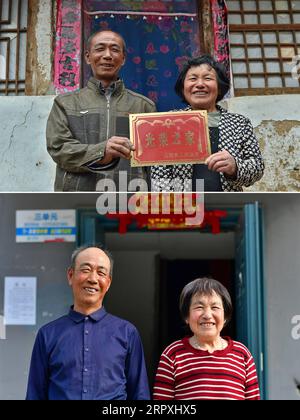 200525 -- KELAN, May 25, 2020 -- Combo photo shows villager Cao Liuren and his wife posing for a photo in front of their old house in Zhaojiawa Village on June 22, 2017 top and in front of their new residence at Guanghuiyuan poverty-relief relocation area on May 20, 2020 bottom in Kelan County of Xinzhou City, north China s Shanxi Province. Zhaojiawa Village was a severely impoverished village located in Lyuliang Mountains with poor production and living conditions. Villager Cao Liuren and his wife used to live in a shabby old house in Zhaojiawa Village, and getting out of the mountains was th Stock Photo