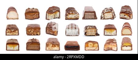 Set with many yummy chocolate bars isolated on white Stock Photo