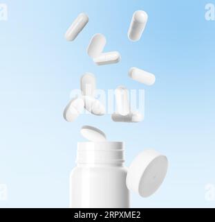 Many different white pills falling into bottle on light blue background Stock Photo