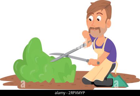 Gardener trim bush. Cartoon farmer cutting greenery Stock Vector