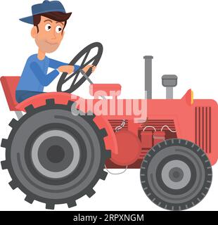 Tractor driver character. Farm work. Countryside transport Stock Vector