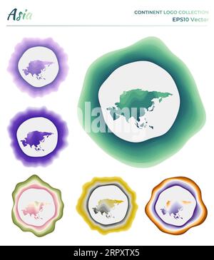 Asia logo collection. Colorful badge of the continent. Layers around Asia border shape. Vector illustration. Stock Vector