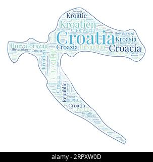 Croatia shape filled with country name in many languages. Croatia map in wordcloud style. Superb vector illustration. Stock Vector