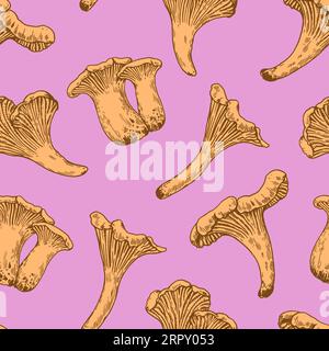 Seamless pattern with chanterelle mushrooms in retro engraving style. Vintage detailed hand-drawn print for design and textile. Stock Vector