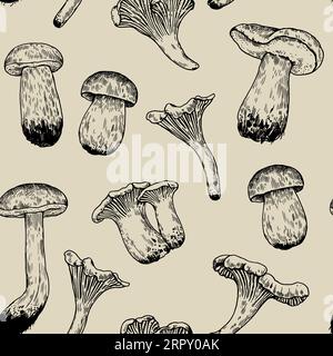 Seamless pattern with mushrooms in retro engraving style. Vintage black and white detailed hand-drawn print for design and textile. Stock Vector