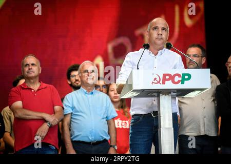 Amora, Portugal. 03rd Sep, 2023. The secretary-general of the Portuguese Communist Party (PCP), Paulo Raimundo, speaks to the crowd from the podium at the Festa do Avante rally. The three-day 'Festa do Avante' has concluded, an annual event hosted by the Portuguese Communist Party (PCP) that combines cultural festivities and political discourse. Newly appointed secretary-general Paulo Raimundo delivered the closing speech, highlighting the PCP's commitment as a reliable political alternative in Portugal. (Photo by Igor Ferreira/SOPA Images/Sipa USA) Credit: Sipa USA/Alamy Live News Stock Photo