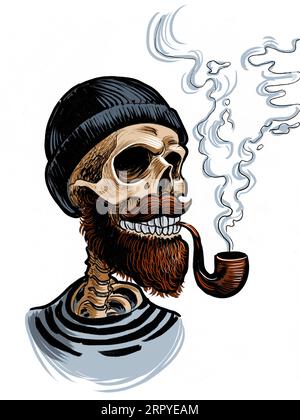 Dead sailor with a smoking pipe. Hand-drawn ink on paper and hand-colored on tablet Stock Photo