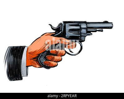 Hand holding revolver gun. Hand-drawn ink on paper and hand-colored on tablet Stock Photo