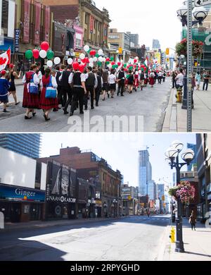 200701 -- TORONTO, July 1, 2020 -- Combo photo shows the Yonge Street with a Canada Day parade on July 1, 2017 Top and the almost-empty street on July 1, 2020 in Toronto, Canada. The City of Toronto on Wednesday cancelled all in-person Canada Day events due to the COVID-19 pandemic. Photo by /Xinhua CANADA-TORONTO-COVID-19-CANADA DAY-IN-PERSON EVENTS-CANCELLATION ZouxZheng PUBLICATIONxNOTxINxCHN Stock Photo