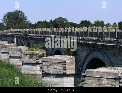 200707 -- BEIJING, July 7, 2020 -- Photo taken on July 7, 2020 shows a view of the Lugou Bridge in Beijing, capital of China. On July 7, 1937 Japanese soldiers attacked Chinese forces at the Lugou Bridge, also known as the Marco Polo Bridge, marking the beginning of Japan s full-scale invasion of China and eight-year atrocities perpetrated by Japanese army on Chinese civilians.  CHINA-BEIJING-LUGOU BRIDGE-VIEW CN ZhangxChenlin PUBLICATIONxNOTxINxCHN Stock Photo