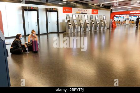 200715 -- VIENNA, July 15, 2020 Xinhua -- Passengers wait at the Vienna International Airport in Vienna, Austria, on July 15, 2020. The Vienna Airport registered a decline of 95.4% to 138,124 travelers in June 2020 compared with the previous year. The accumulated passenger volume in the period January to June 2020 fell by 65.3% to 5.1 million. Photo by Georges Schneider/Xinhua AUSTRIA-VIENNA-COVID-19-AIRPORT-PASSENGER VOLUME-DECREASE PUBLICATIONxNOTxINxCHN Stock Photo