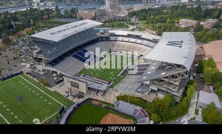 Seattle, WA, USA. 5th Sep, 2023. Aerial view of Husky Stadium (officially Alaska Airlines Field at Husky Stadium for sponsorship purposes) is an outdoor football stadium in the northwest United States, located on the campus of the University of Washington in Seattle, Washington. (Credit Image: © Walter G Arce Sr Grindstone Medi/ASP) EDITORIAL USAGE ONLY! Not for Commercial USAGE! Stock Photo