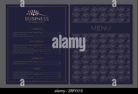 Elegant Menu Design for Italian Mediterranean Restaurant in Navy Blue and Rose Gold Color and Olive Logo Stock Vector
