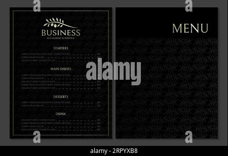 Elegant Menu Design for Italian Style Restaurant in Black Color with Olive Logo and Pattern Stock Vector